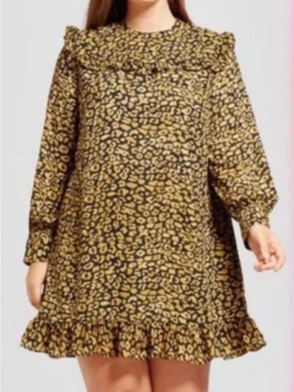 Who What Wear Yellow Leopard Print Ruffle Long Sleeve Knee Length Dress size 3x